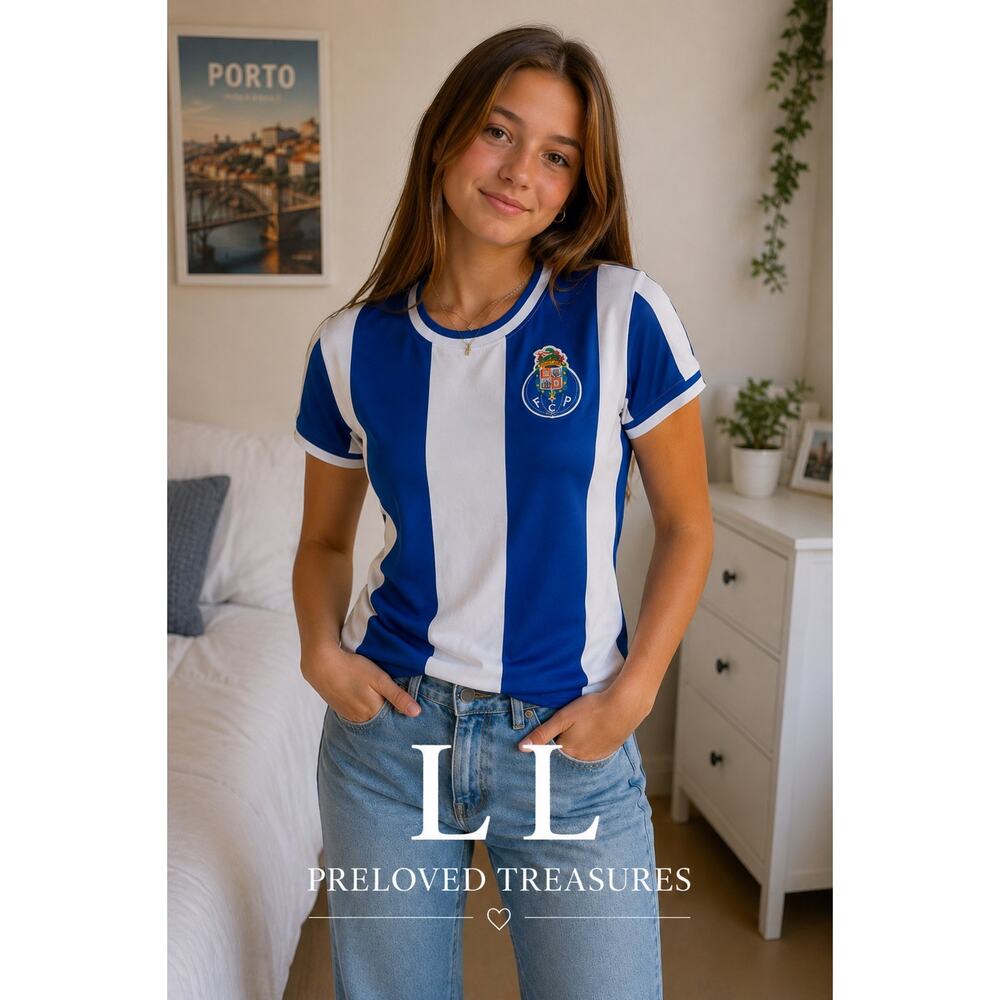 FC Porto Retro Football Shirt girl's Blue White Striped Jersey Size L NWT